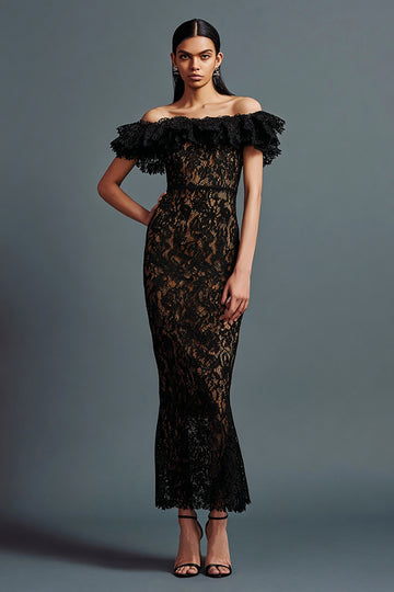 Black Lace Ruffled Sheath Off the Shoulder Long Formal Dress